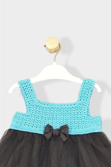 Kız Bebek Mavi Örgü Fiyonklu Yazlık Tül Elbise