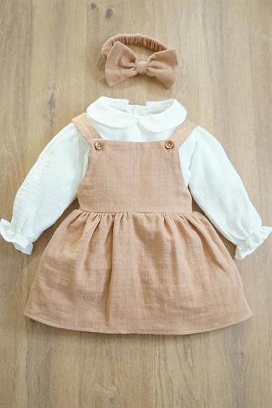 Kız Bebek Müslin Kumaşlı Fırfırlı Balon Kol Çocuk Elbisesi