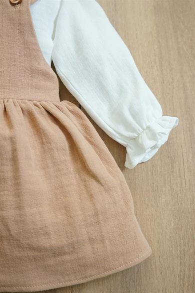 Kız Bebek Müslin Kumaşlı Fırfırlı Balon Kol Çocuk Elbisesi