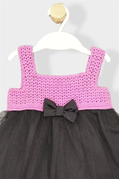 Kız Bebek Örgü Fiyonklu Askılı Yazlık Tül Elbise