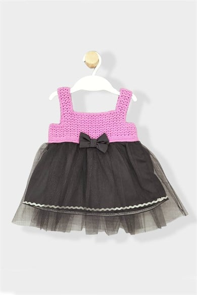 Kız Bebek Örgü Fiyonklu Askılı Yazlık Tül Elbise