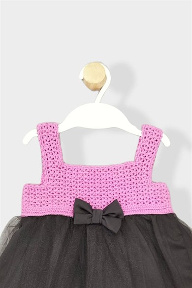 Kız Bebek Örgü Fiyonklu Askılı Yazlık Tül Elbise