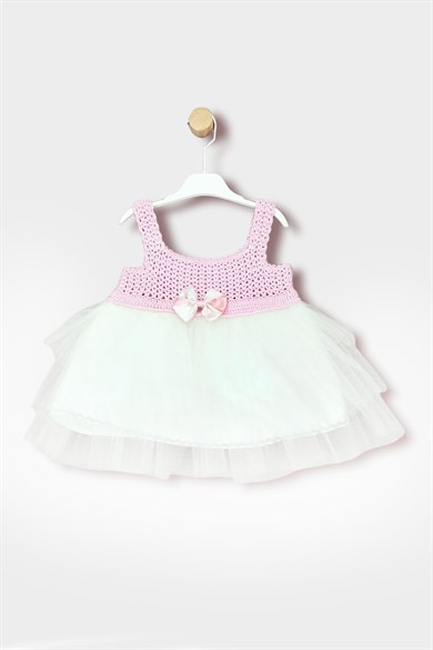 Kız Bebek Örgü Fiyonklu Yazlık Tül Elbise