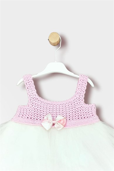 Kız Bebek Örgü Fiyonklu Yazlık Tül Elbise