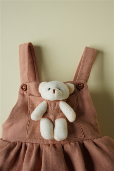 Kız Bebek Oyuncak Ayıcıklı Müslin Etekli Salopet