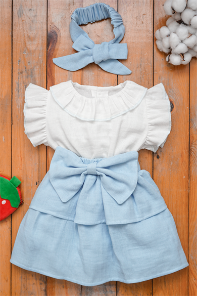 Kız Bebek Ve Çocuk Bandanalı Fiyonklu Müslin Elbise