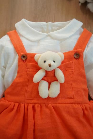 Kız Bebek ve Çocuk Uzun Kollu Oyuncak Ayıcıklı Müslin Elbise