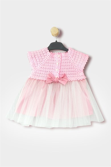 Kız Çocuk Pudra İnci Düğmeli Örgü Fiyonklu Kısa Kollu Elbise 