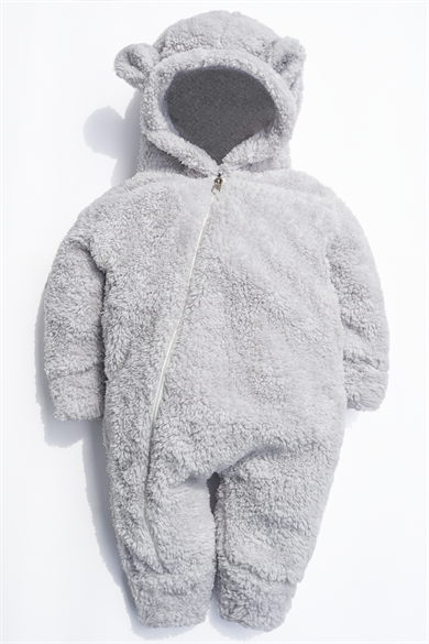 Kız Erkek Bebek Ve Çocuk Kapüşonlu Gri Peluş Tulum