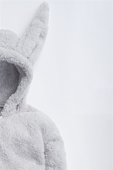 Kız Erkek Bebek Ve Çocuk Kapüşonlu Peluş Gri Tavşan Tulum