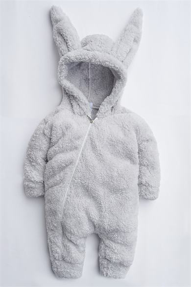 Kız Erkek Bebek Ve Çocuk Kapüşonlu Peluş Gri Tavşan Tulum