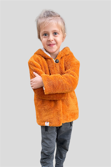 Peluş Kız Çocuk Tarçın Uzun Ponponlu Şapkalı Mont