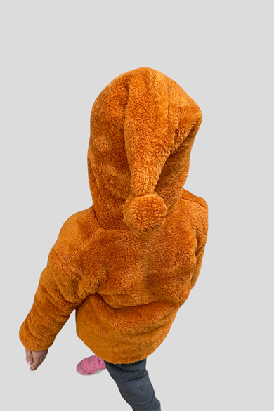 Peluş Kız Çocuk Tarçın Uzun Ponponlu Şapkalı Mont