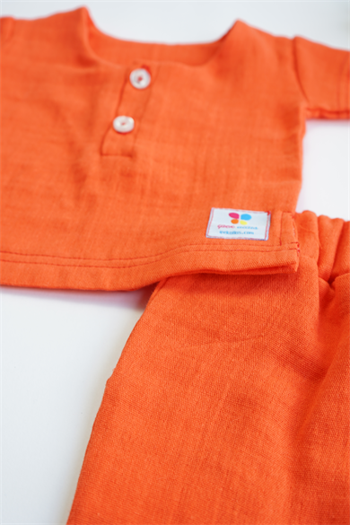 Turuncu Erkek Bebek Müslin Kısa Kollu Takım