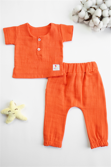 Turuncu Erkek Bebek Müslin Kısa Kollu Takım