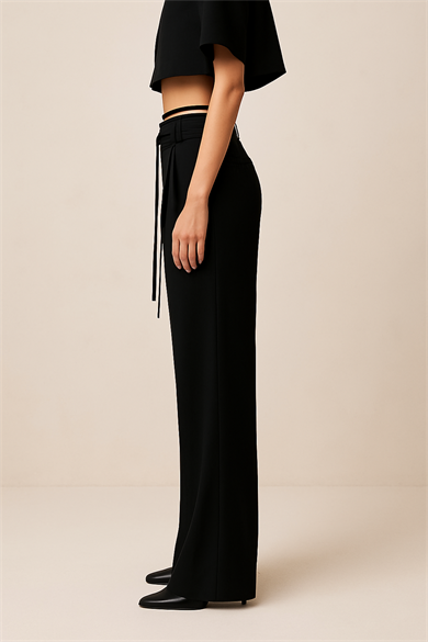 X Nurbeli Kadın Bağcık Detaylı Pileli Yüksek Bel Palazzo Pantolon