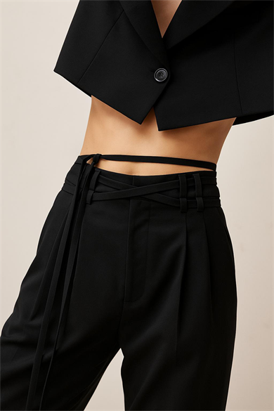 X Nurbeli Kadın Bağcık Detaylı Pileli Yüksek Bel Palazzo Pantolon