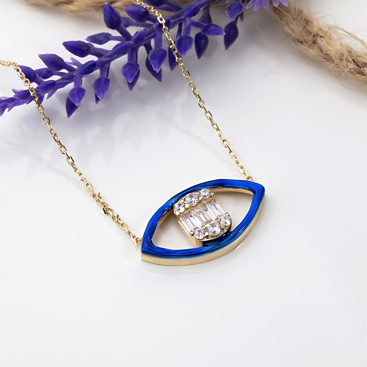 14 Ayar Altın Baget Mavi Göz Kolye 