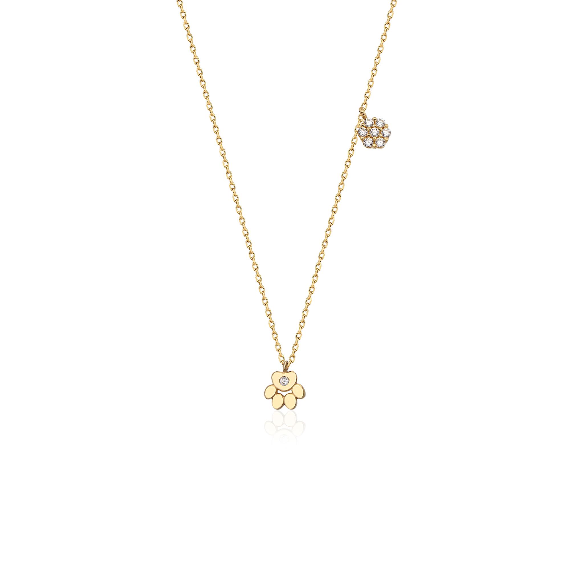 14 Ayar Altın Çiçekli Patili Kolye