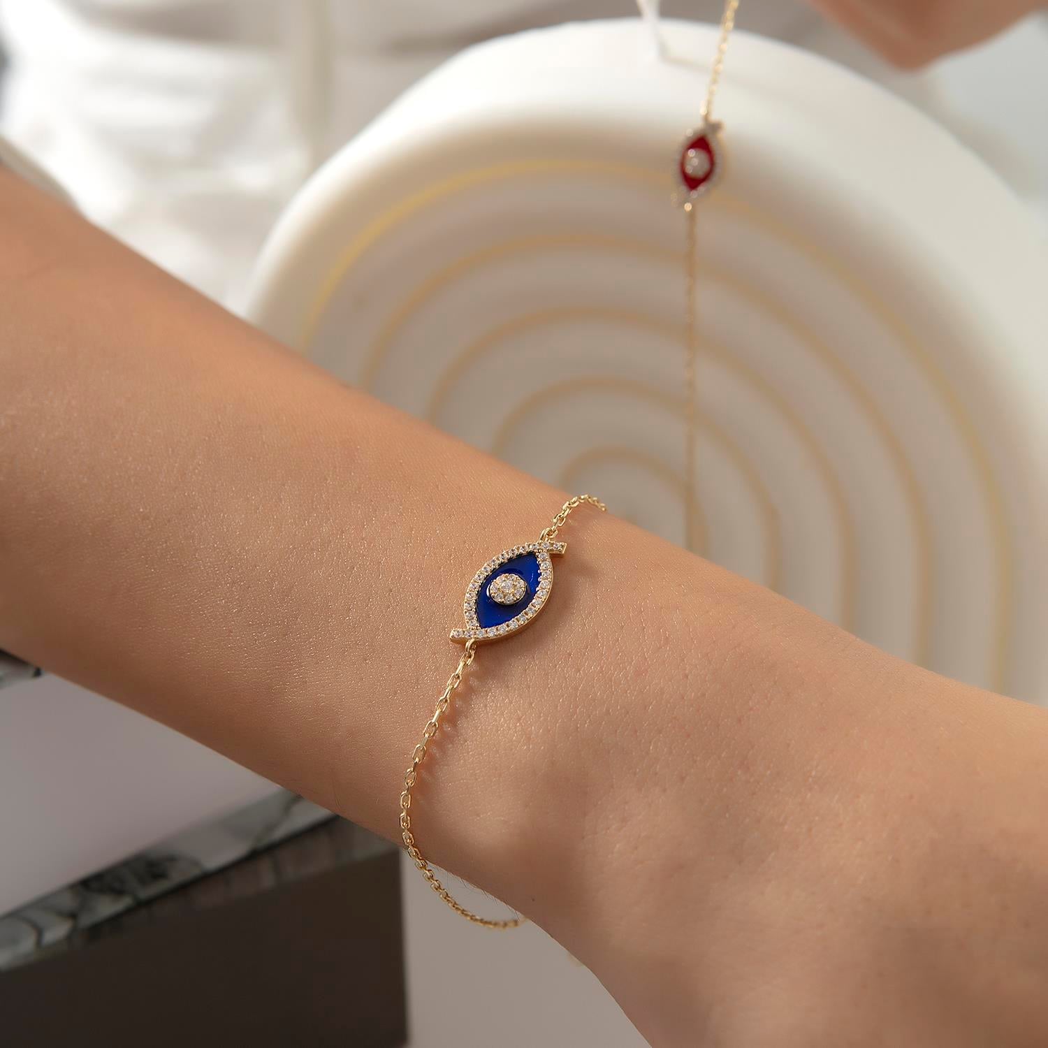 14K Gold Enamel Small Eye Bracelet