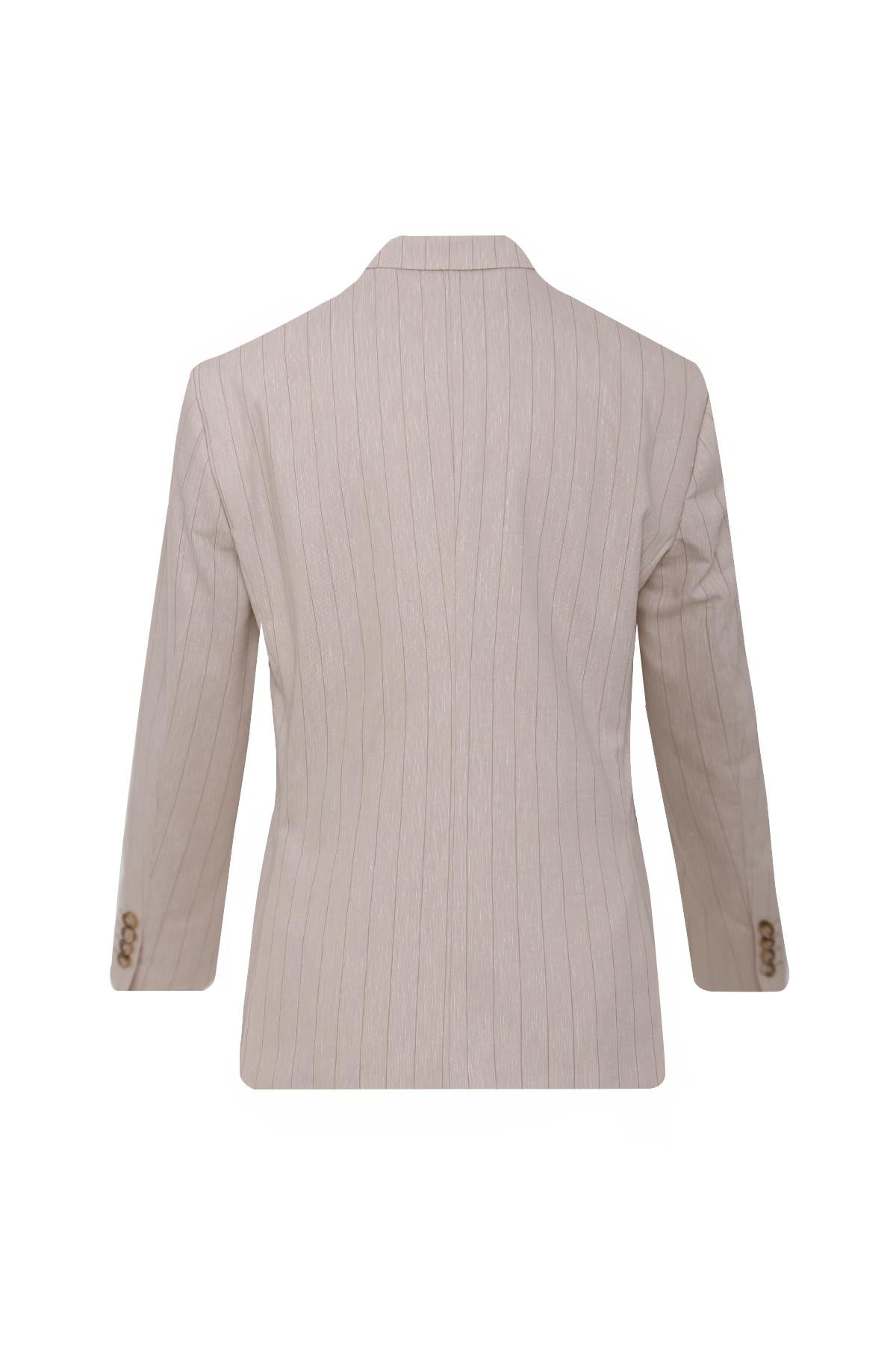 BEJ Comfort Fit , Keten , Kruvaze 6 Düğme , Çift Yırtmaçlı, Çizgili Takım Elbise