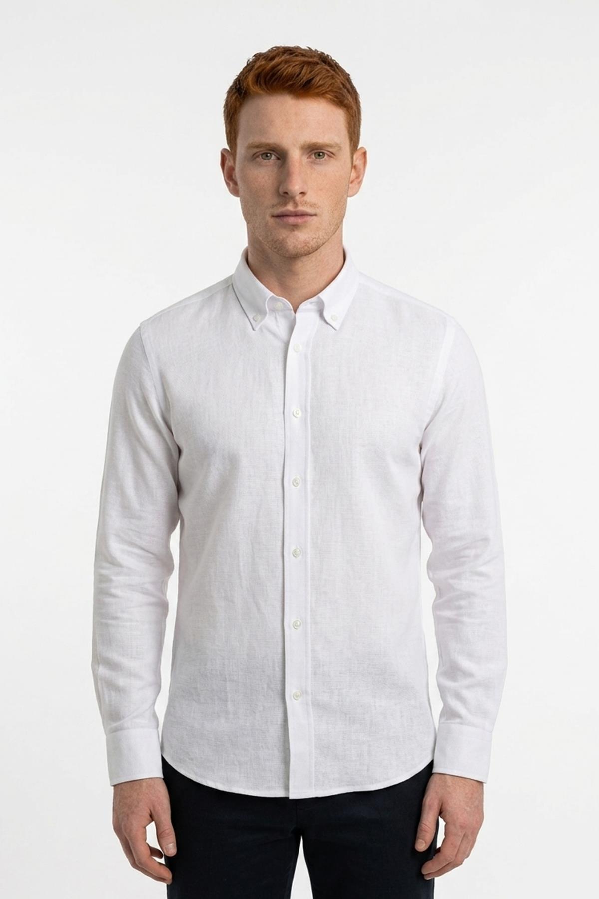 BEYAZ Comfort Fit Uzun Kol Oxford Klasik Gömlek