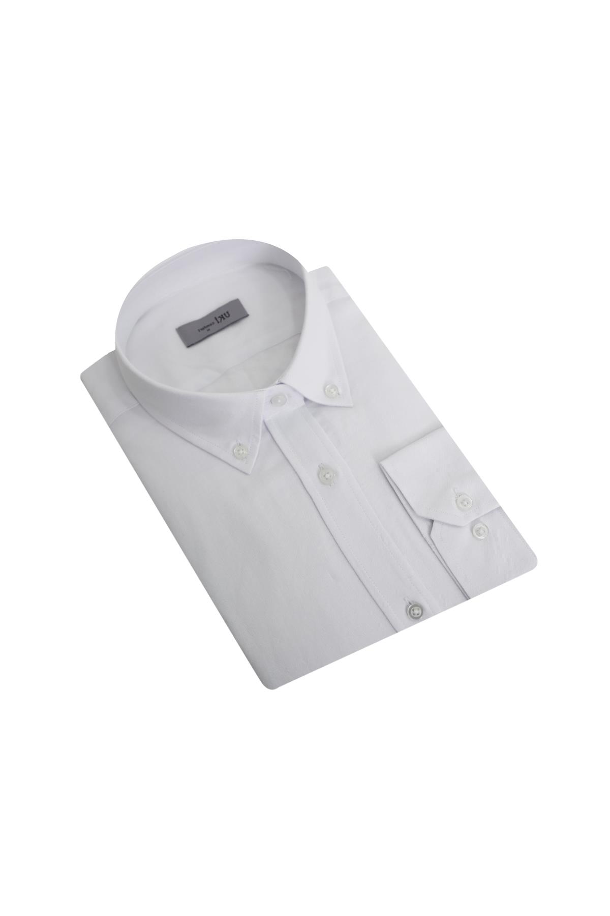 BEYAZ Düğmeli Yaka Comfort Fit Şamre Gömlek