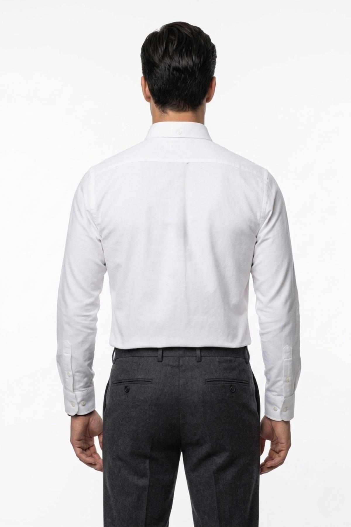 BEYAZ Düğmeli Yaka Comfort Fit Şamre Gömlek