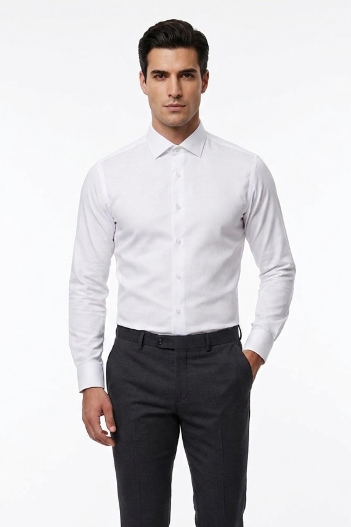 BEYAZ Saten Slim Fit Klasik Gömlek