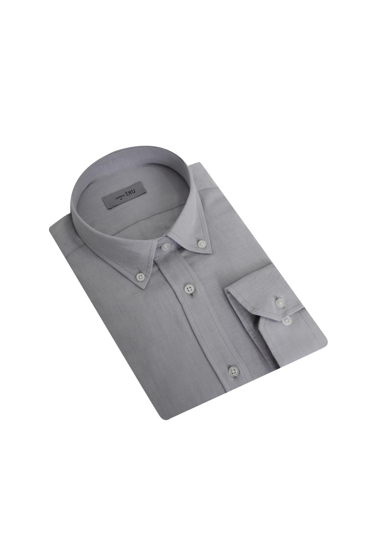 GRİ Düğmeli Yaka Comfort Fit Şamre Gömlek