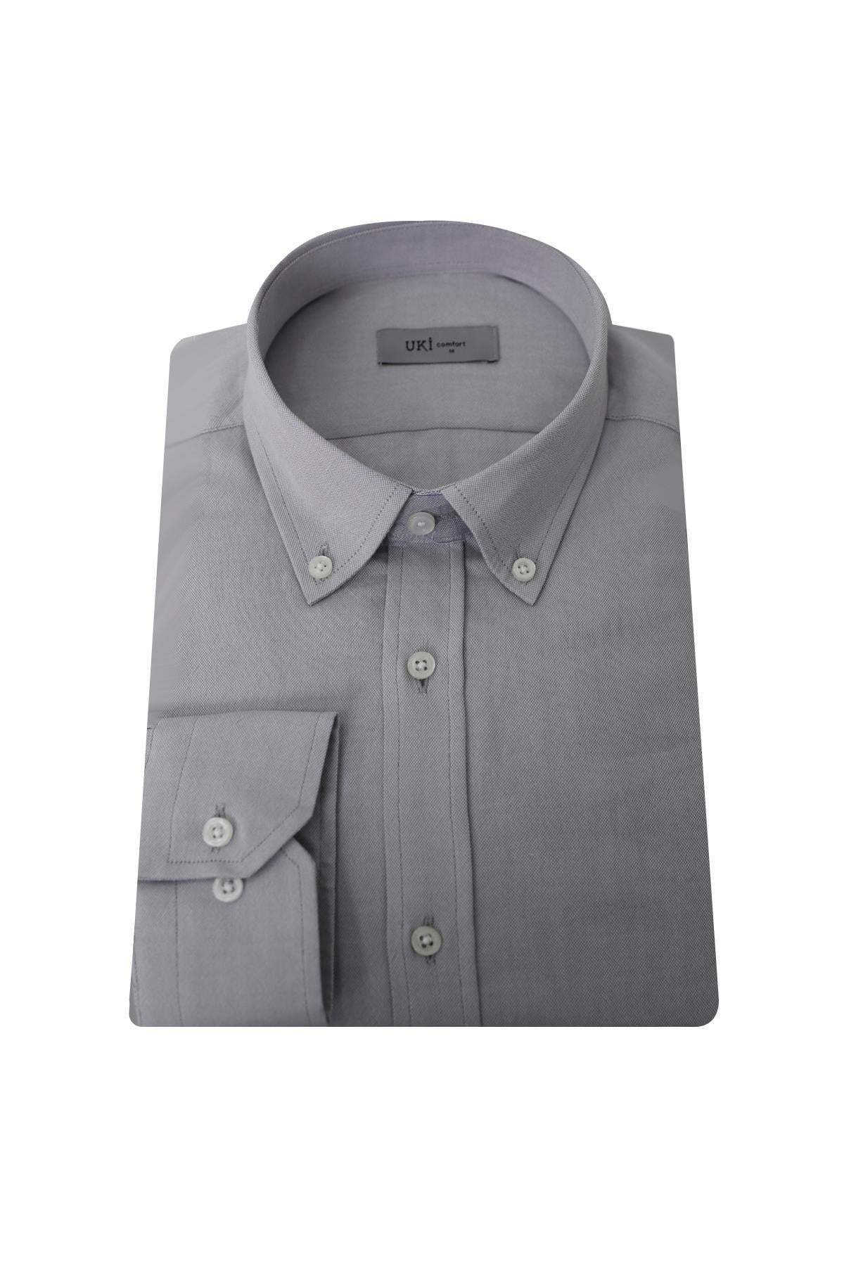 GRİ Düğmeli Yaka Comfort Fit Şamre Gömlek