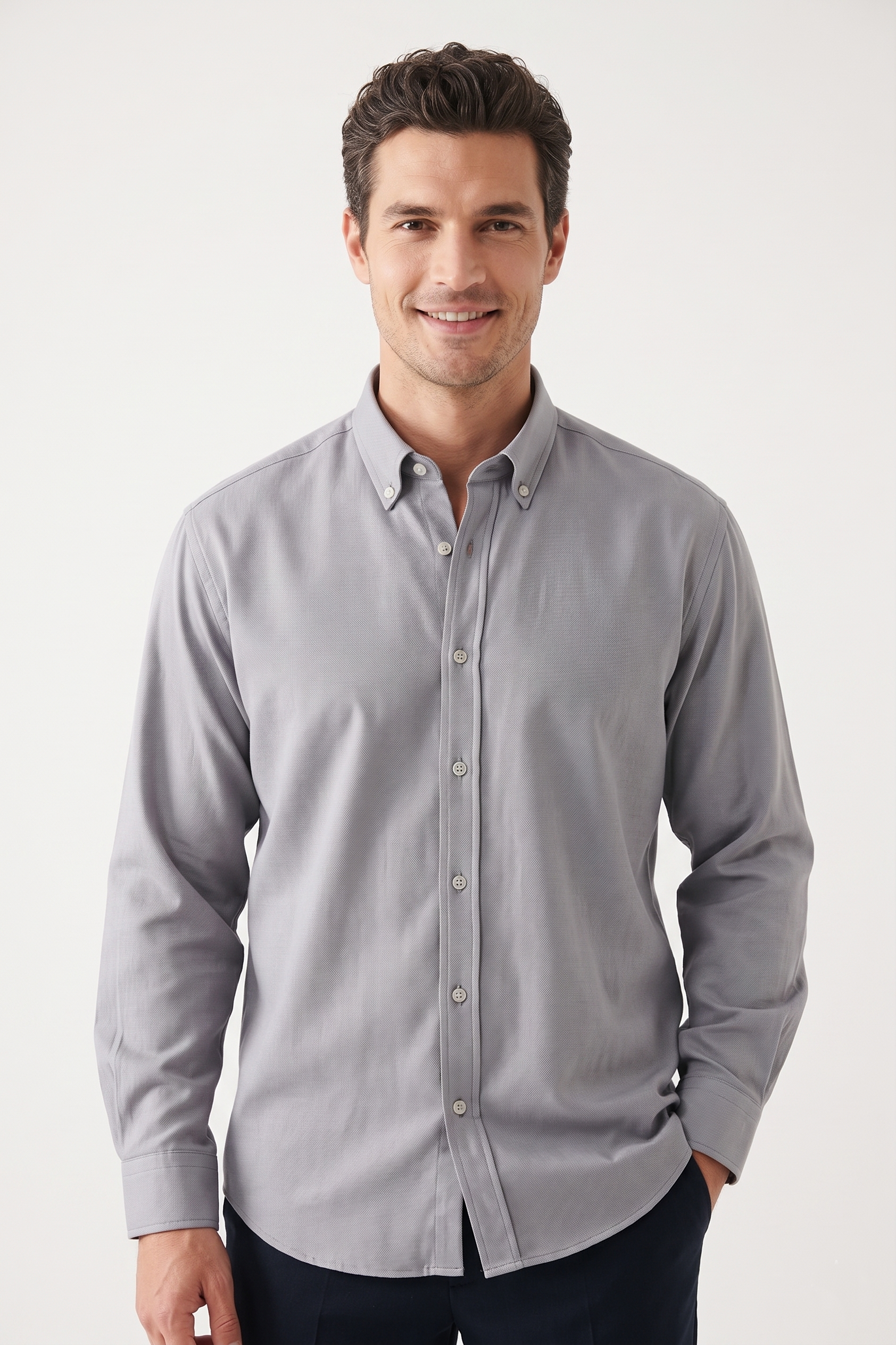 GRİ Düğmeli Yaka Comfort Fit Şamre Gömlek
