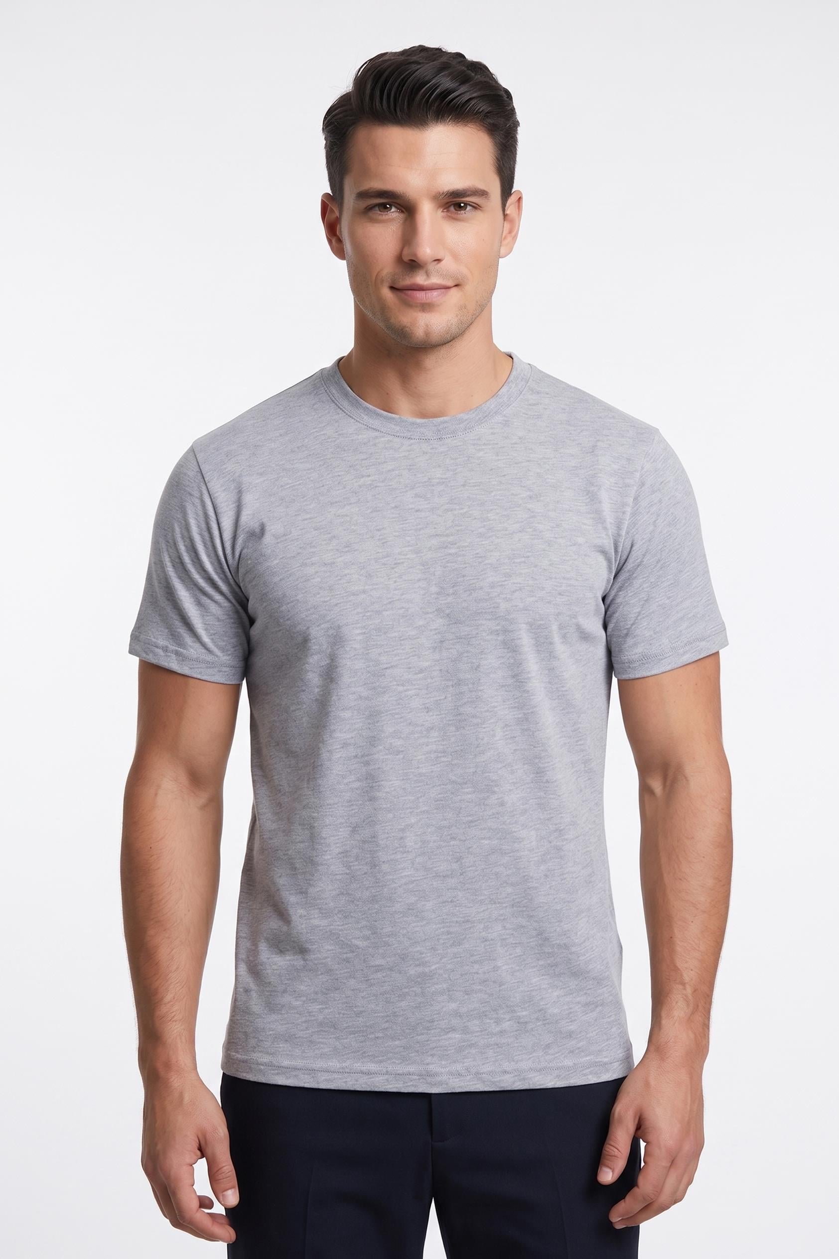 Gri Melanj Bisiklet Yaka Basic T-Shirt