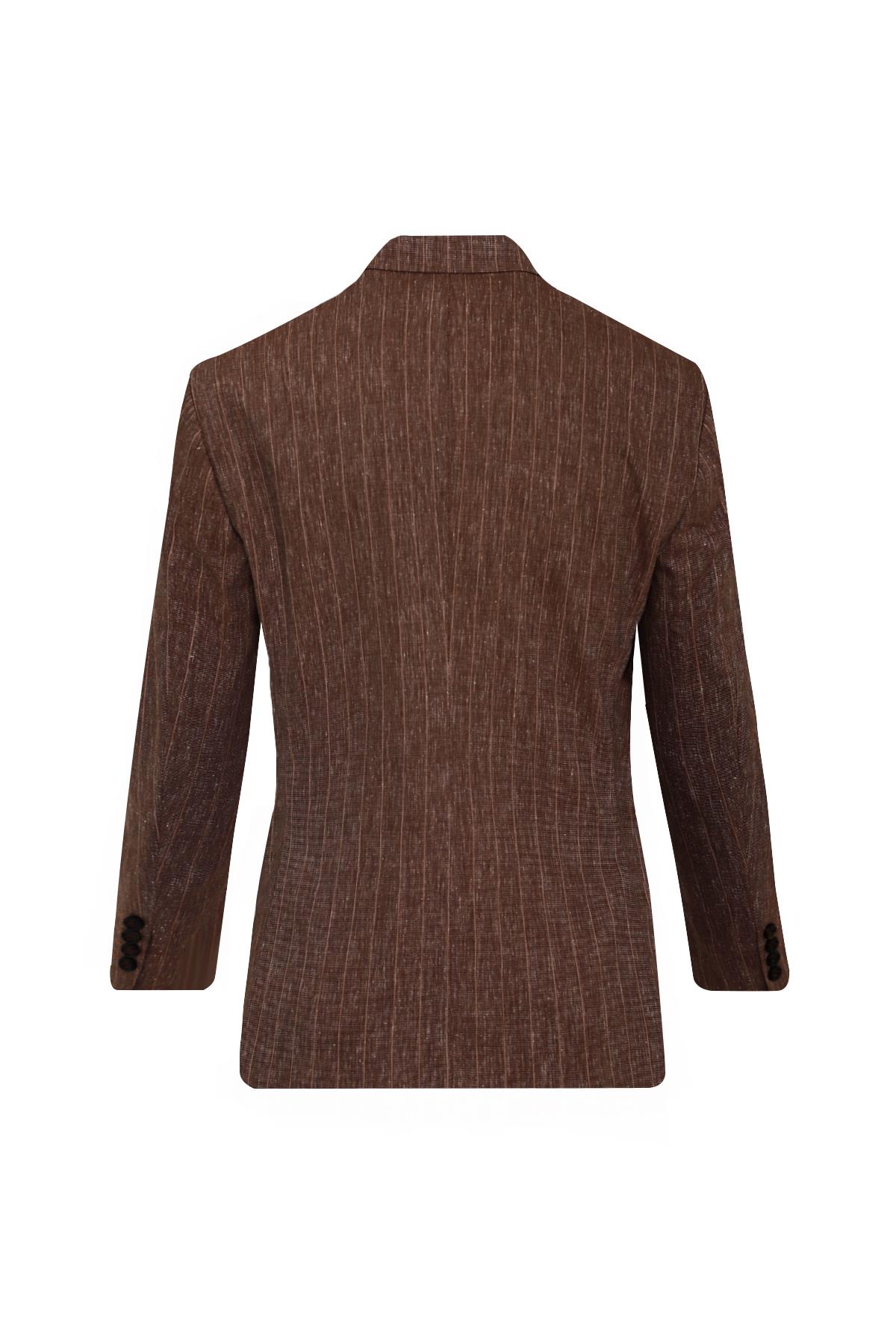 KAHVE Comfort Fit , Keten , Kruvaze 6 Düğme , Çift Yırtmaçlı, Çizgili Takım Elbise