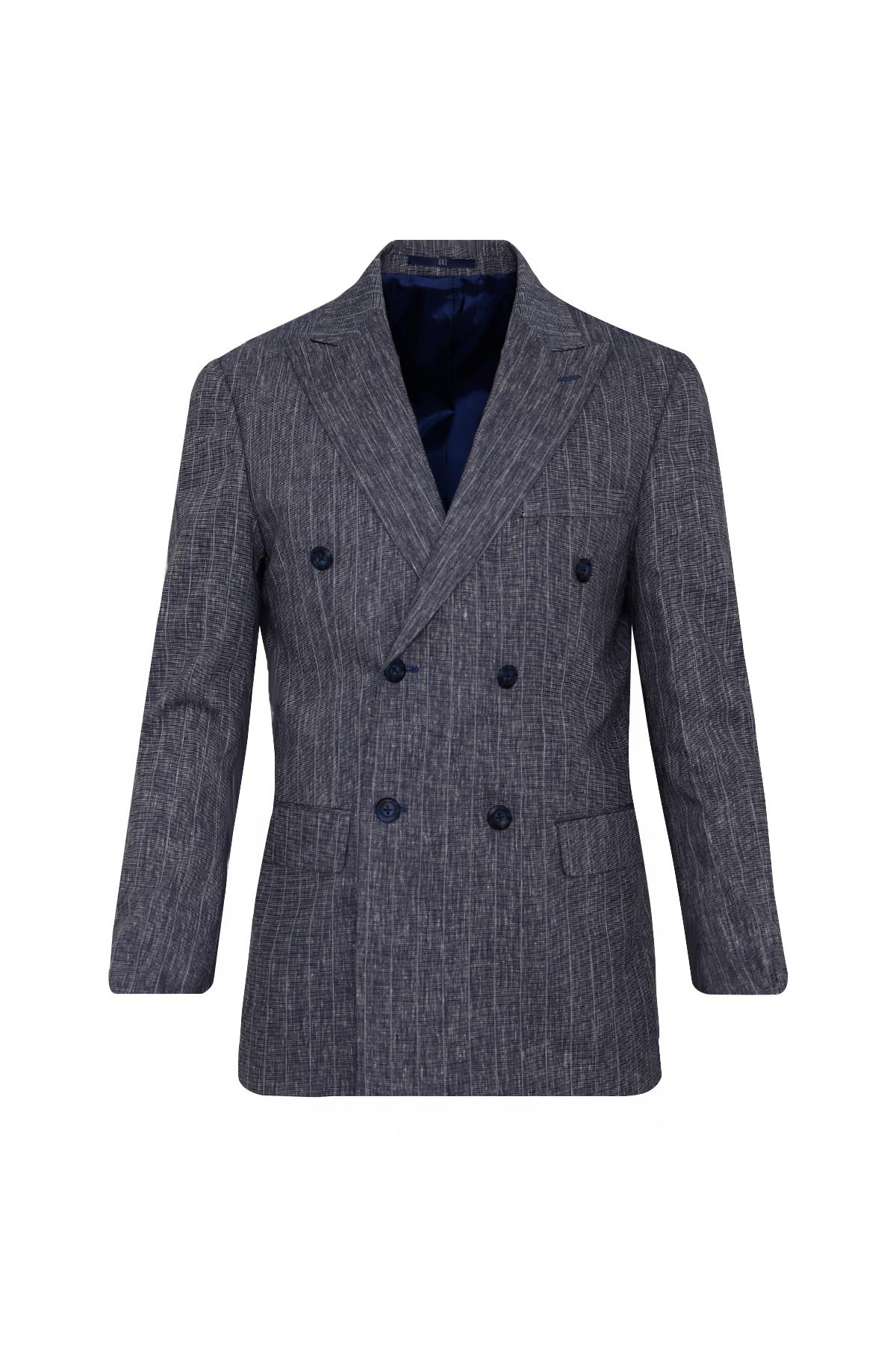 LACİVERT Comfort Fit , Keten , Kruvaze 6 Düğme , Çift Yırtmaçlı, Çizgili Takım Elbise
