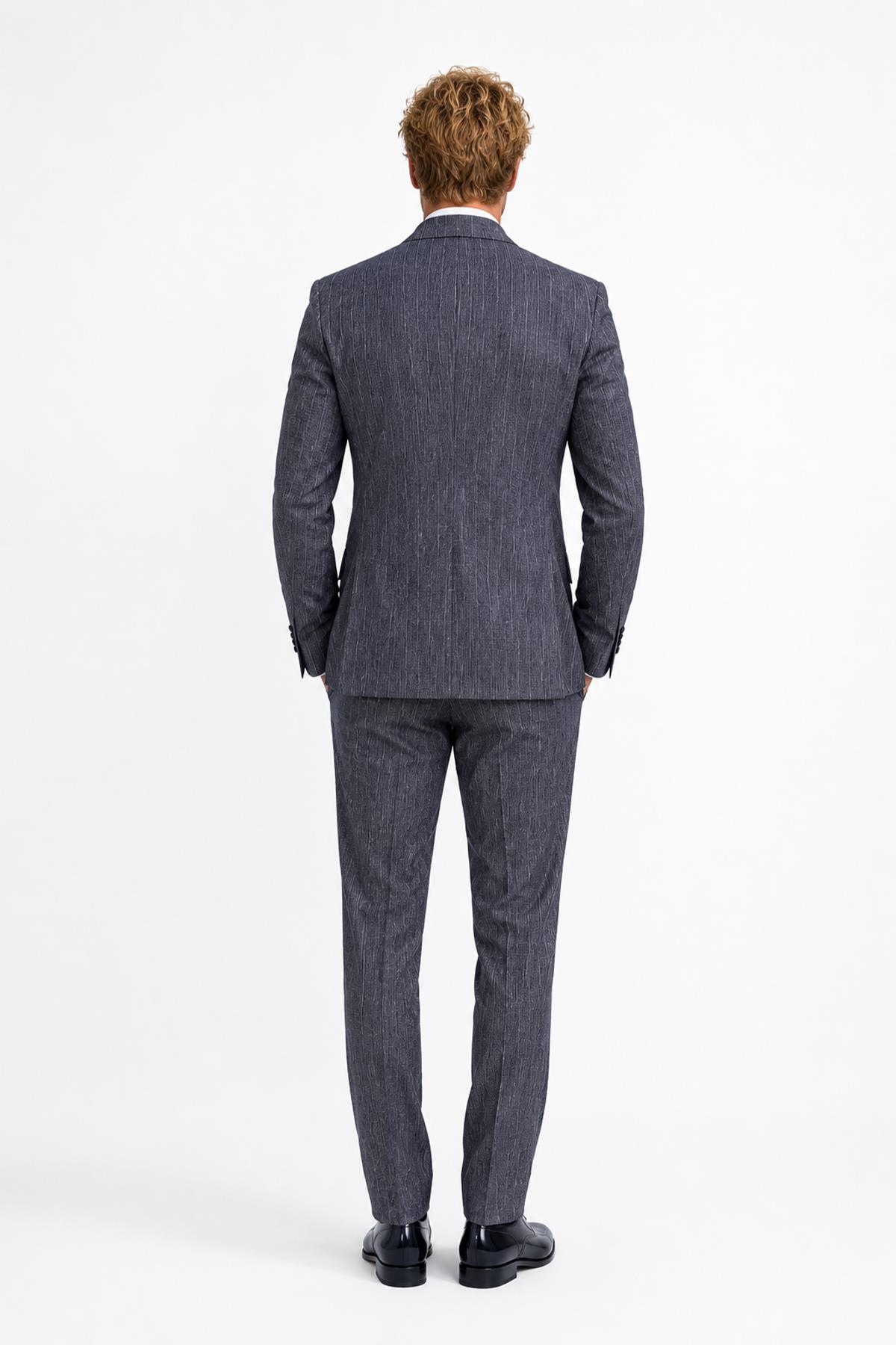 LACİVERT Comfort Fit , Keten , Kruvaze 6 Düğme , Çift Yırtmaçlı, Çizgili Takım Elbise