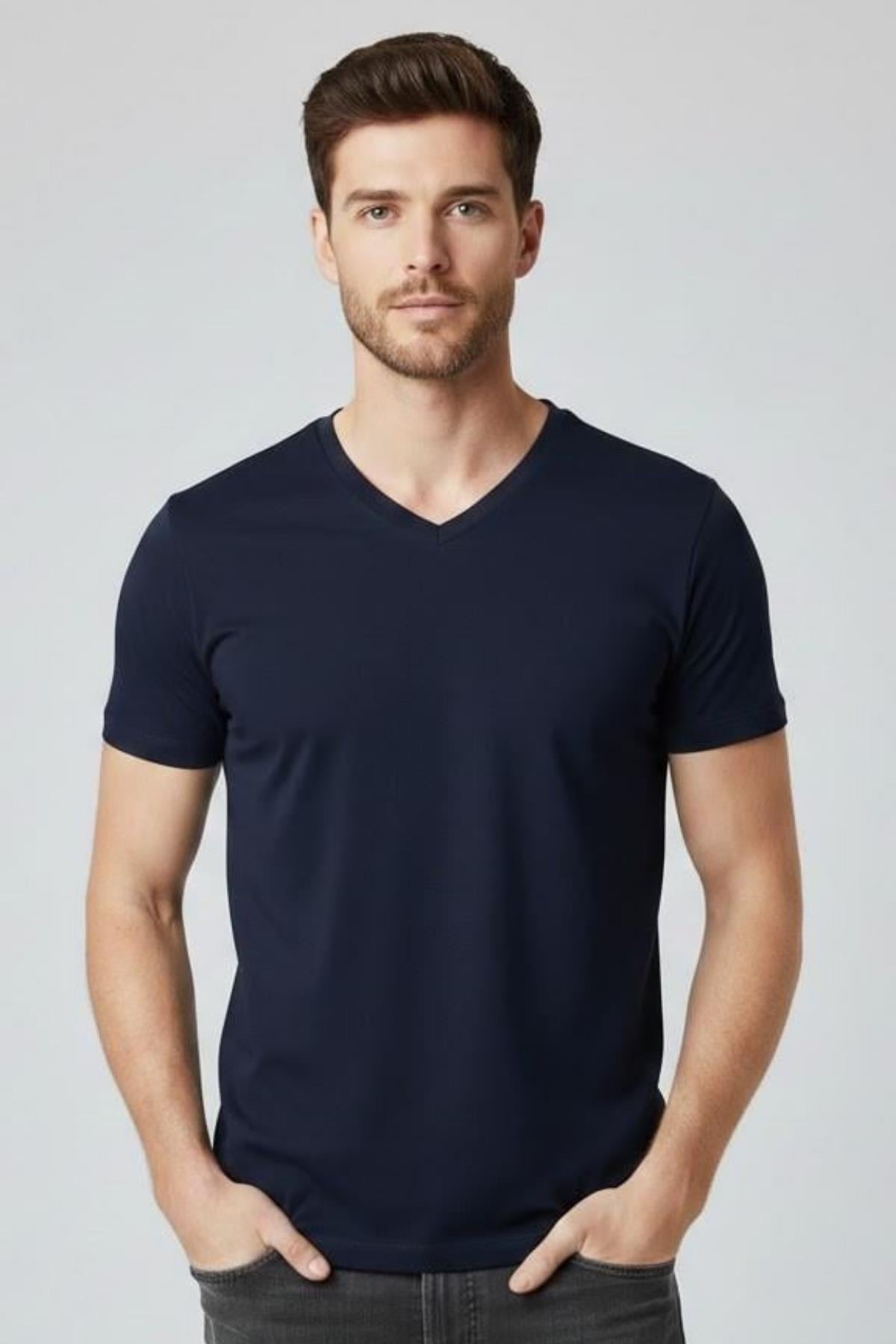 LACİVERT Comfort Fit V Yaka Basic T-Shirt
