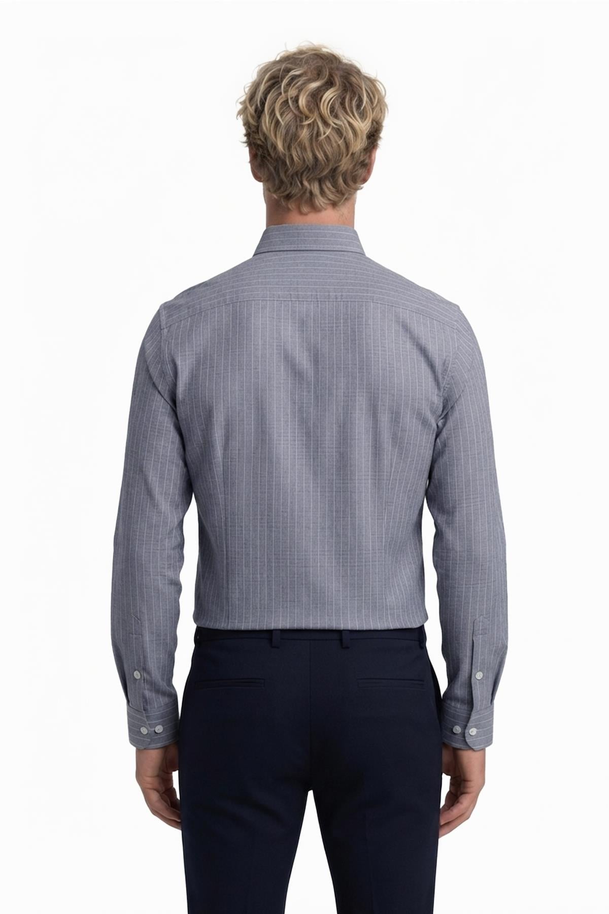 LACİVERT Keten , Confort Fit , Uzun Kol , Çizgili Gömlek