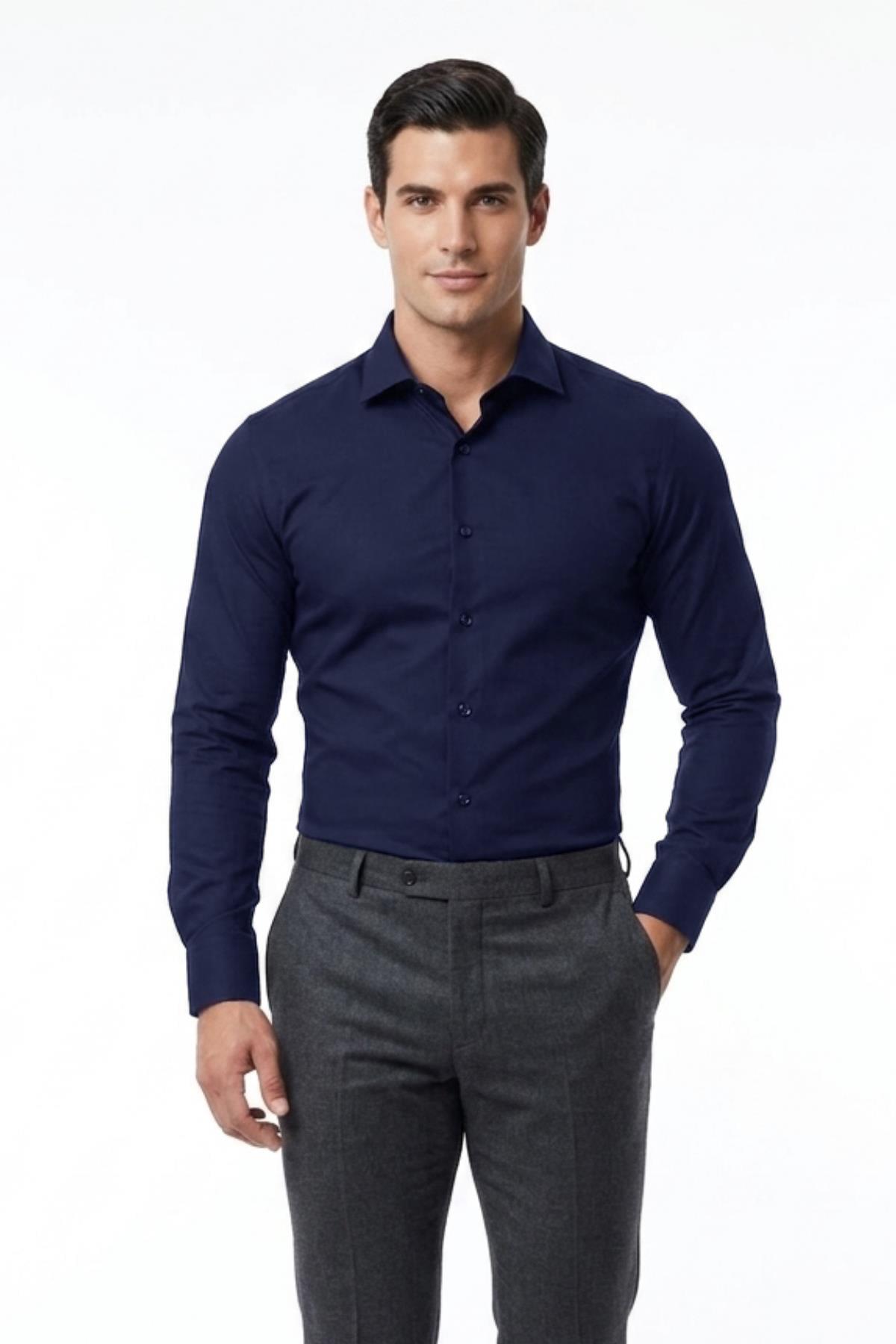 LACİVERT Saten Slim Fit Klasik Gömlek