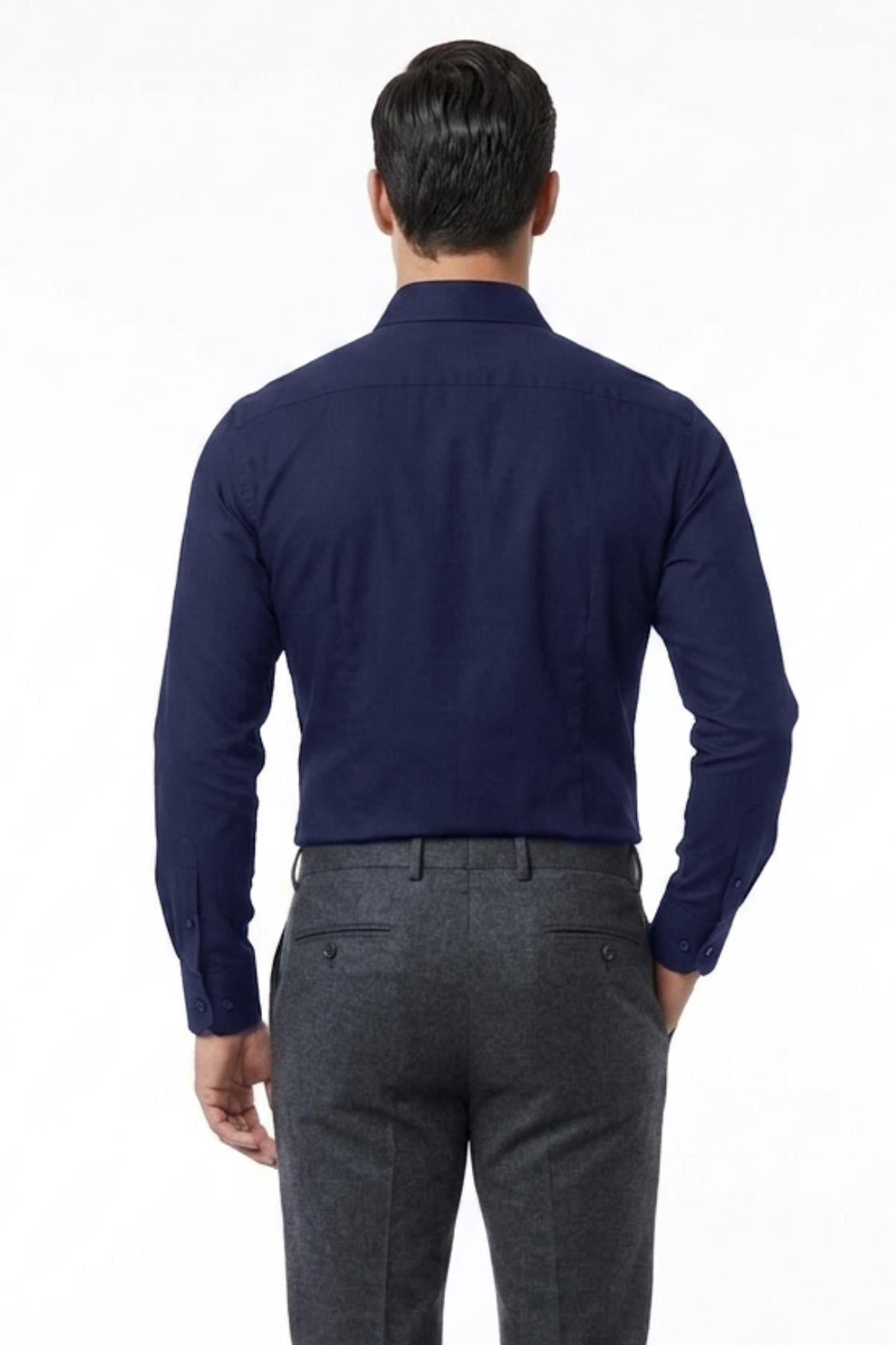 LACİVERT Saten Slim Fit Klasik Gömlek