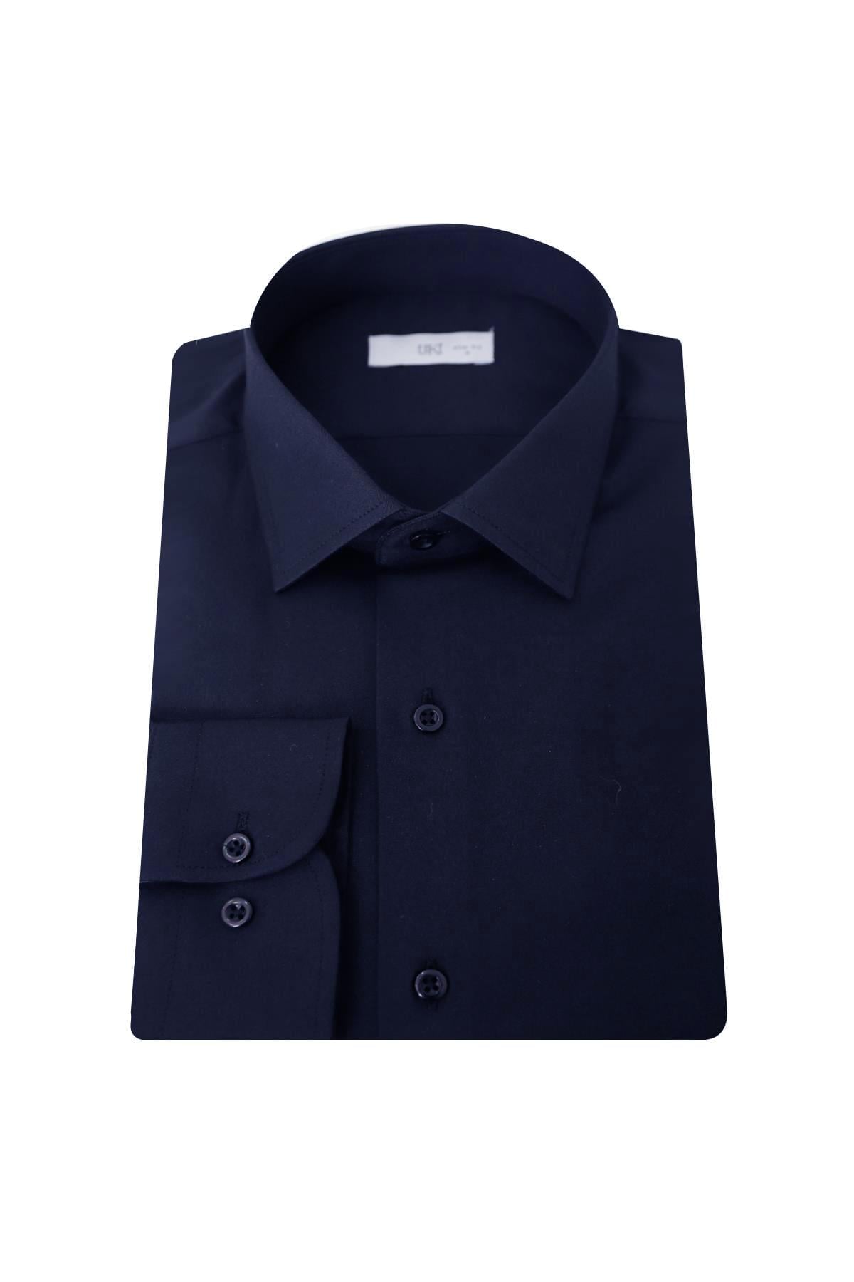 LACİVERT Saten Slim Fit Klasik Gömlek