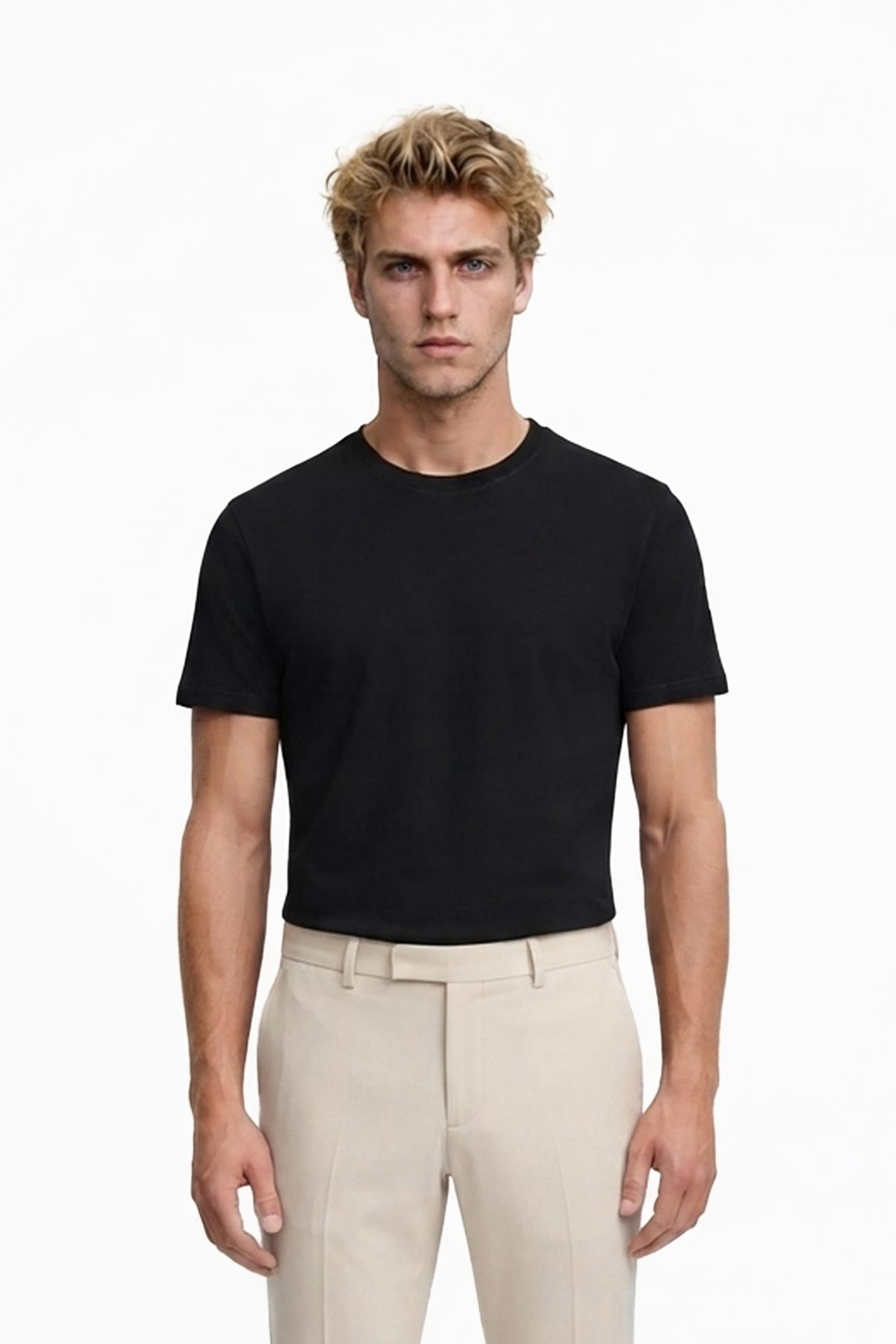 SİYAH Bisiklet Yaka T-Shirt