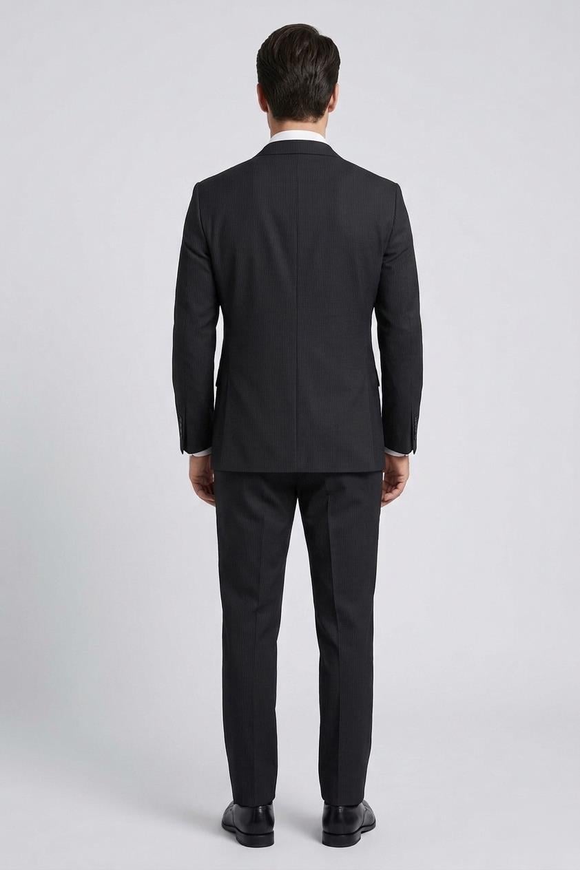 SİYAH Çizgili Mono Yaka Klasik Takım Elbise