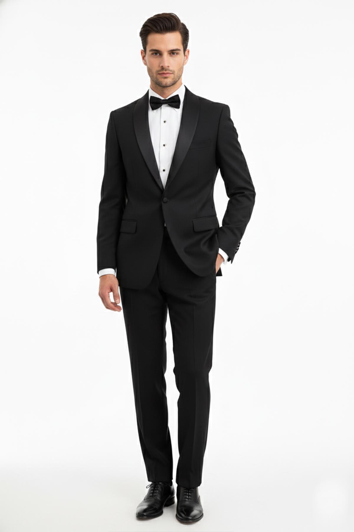 SİYAH Klasik Çıkma Şal Yaka Slim Fit Smokin Takım
