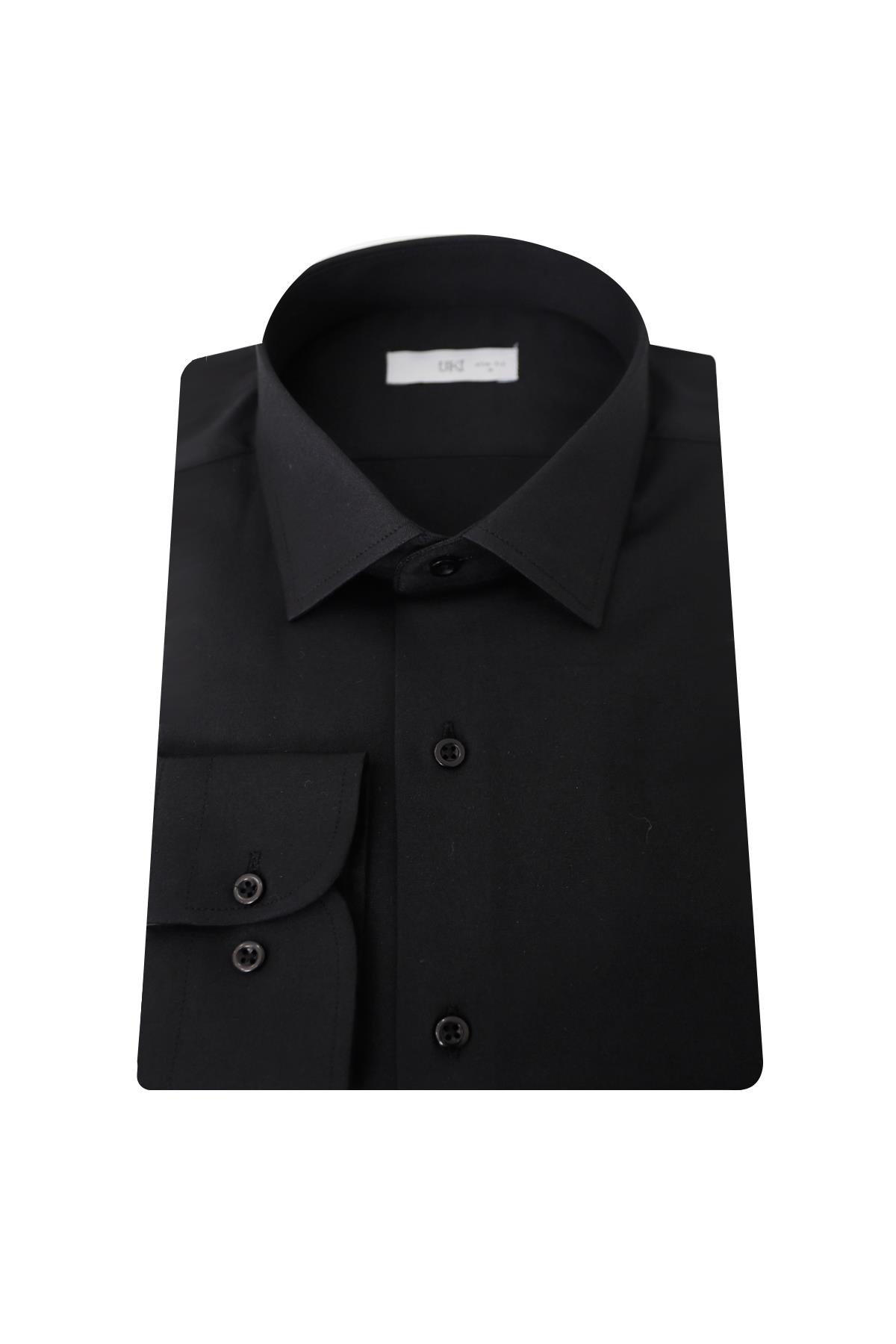 SİYAH Saten Slim Fit Klasik Gömlek