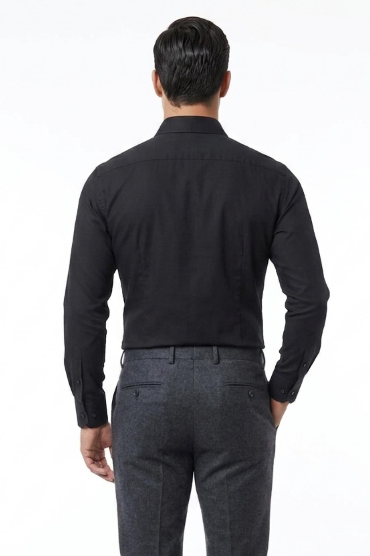 SİYAH Saten Slim Fit Klasik Gömlek