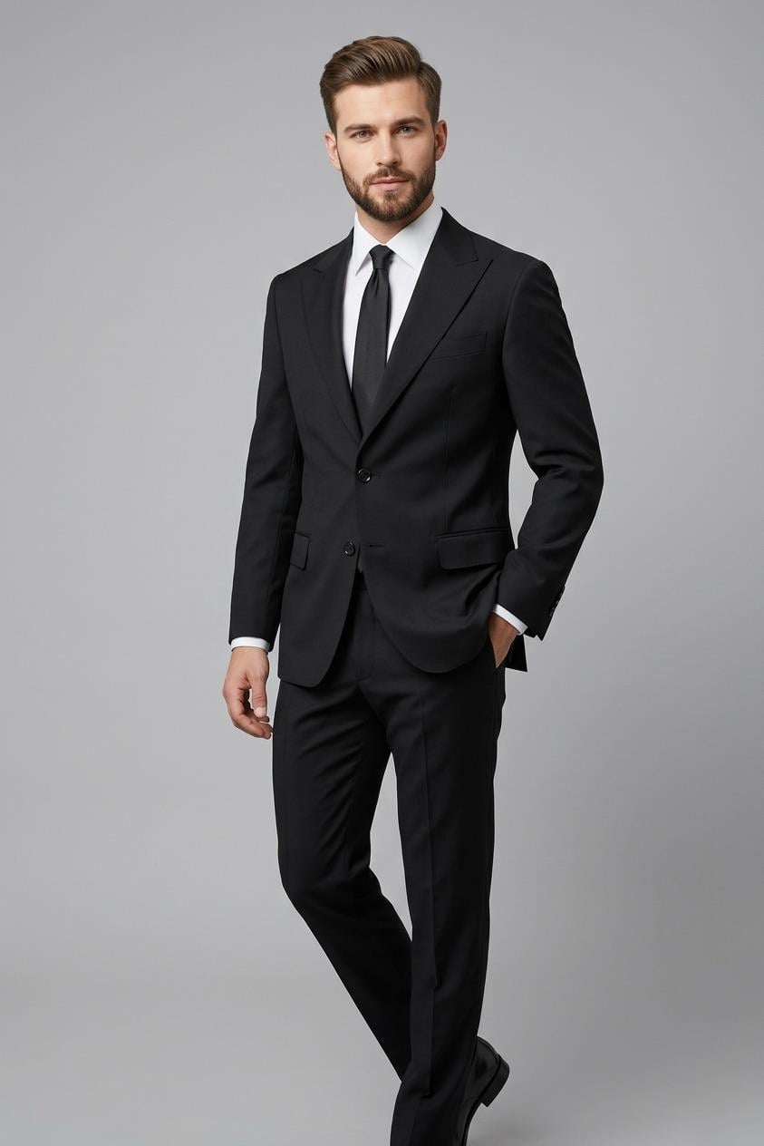 SİYAH Sivri Yaka Comfort Fit Klasik Takım Elbise