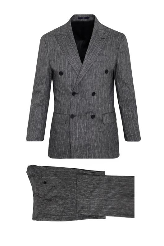 ANTRASİT Comfort Fit , Keten , Kruvaze 6 Düğme , Çift Yırtmaçlı, Çizgili Takım Elbise
