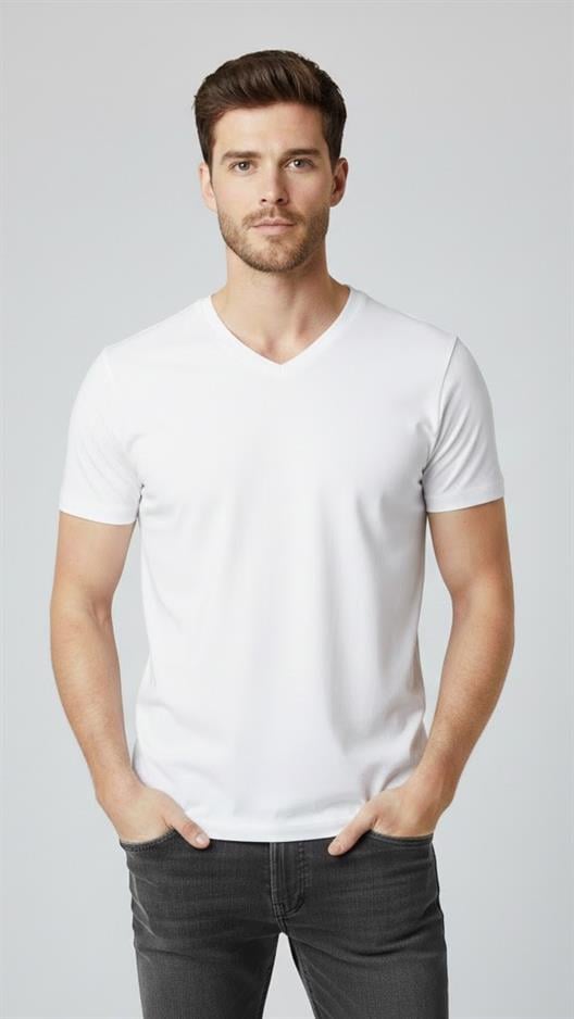 BEYAZ Comfort Fit V Yaka Basic T-Shirt