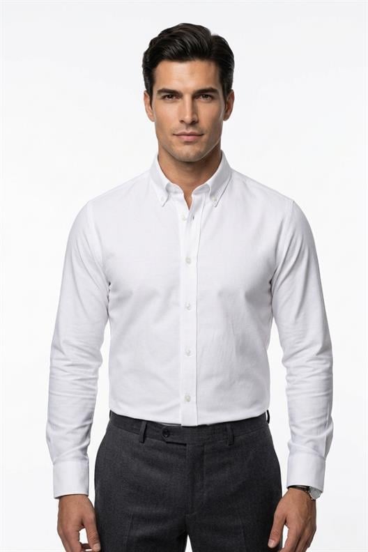 BEYAZ Düğmeli Yaka Comfort Fit Şamre Gömlek